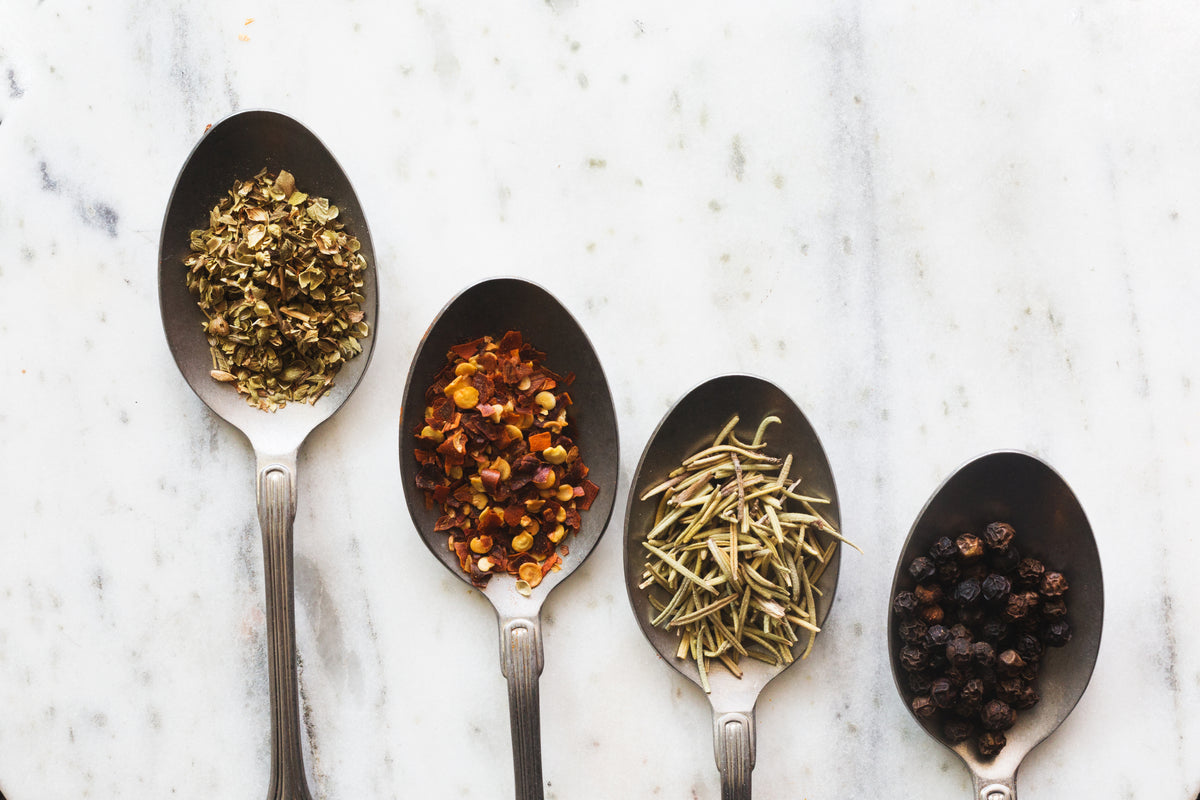 Herbs and spices arranged in spoons